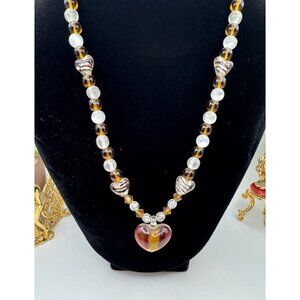 Art Glass Hearts Beaded Pendant Necklace Toggle Clasp Bronze And Silver Tone